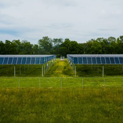Modern photovoltaic solar energy station in lush countryside